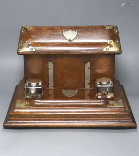 A Victorian brass bound oak combination stationary box / ink...