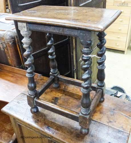 A Victorian 17th century style oak stool, length 46cm, depth...