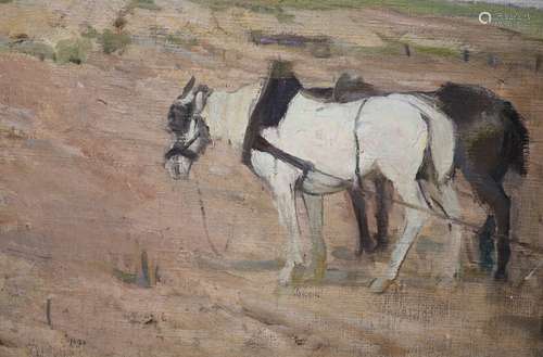 Continental School circa 1900, oil on canvas, Plough horses,...