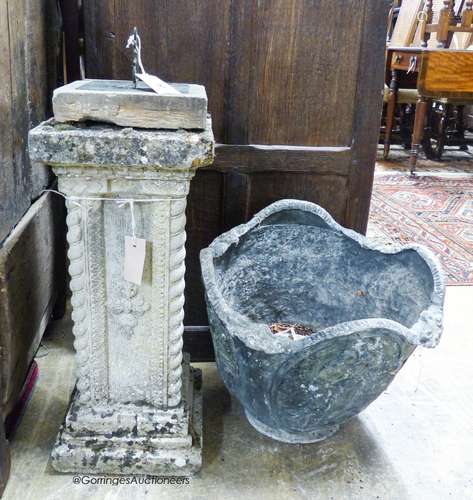 A copper sundial on reconstituted stone plinth, height 73cm ...