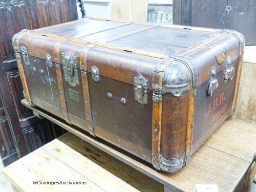 A vintage wood bound travelling trunk, length 102cm, depth 6...