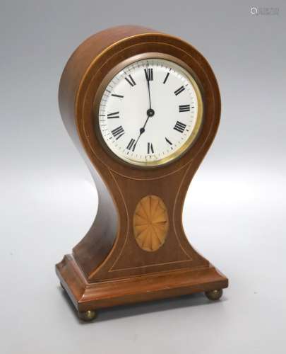 An Edwardian inlaid mahogany balloon cased timepiece, height...
