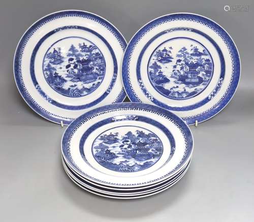 A set of seven 19th century Chinese blue and white plates, d...