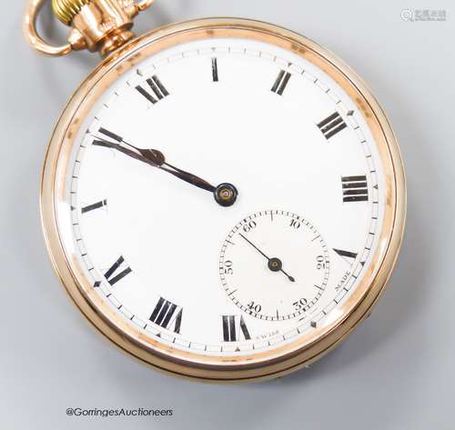 A George V 9ct gold open faced keyless lever pocket watch, c...