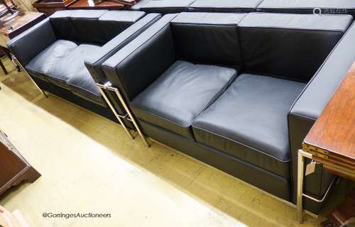 A Corbusier style black leather and chrome three seater and ...