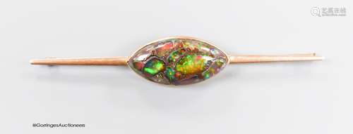 A yellow metal and navette shape opal doublet? set bar brooc...