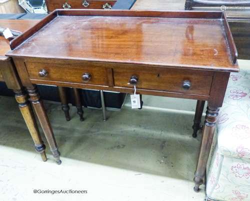 A Victorian mahogany two drawer side table, width 89cm, dept...