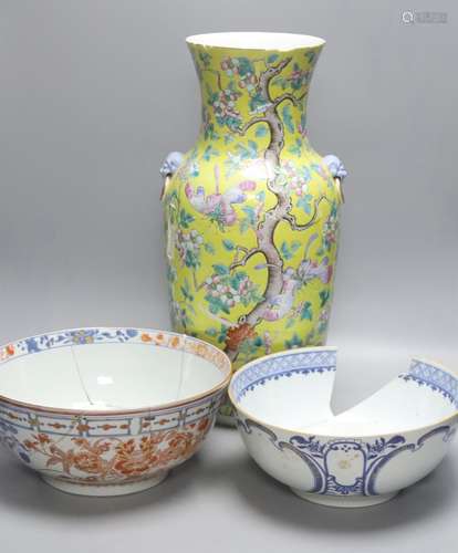 A large 19th century Chinese yellow ground vase and two 18th...