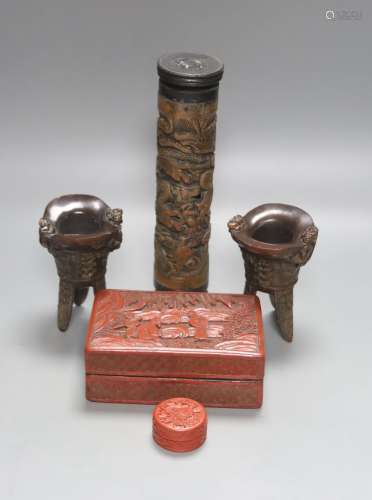 A Chinese carved wood perfume holder, two horn tripod vessel...