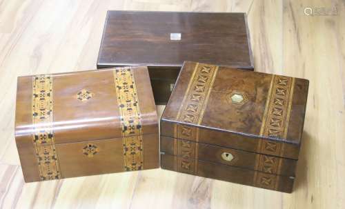 A Victorian rosewood writing box and two Victorian walnut an...