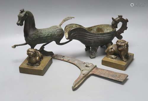 A group of Chinese archaistic bronzes, to include a pouring ...