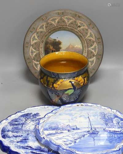 A Thoune, Swiss painted pottery dish, two Delft plaques and ...