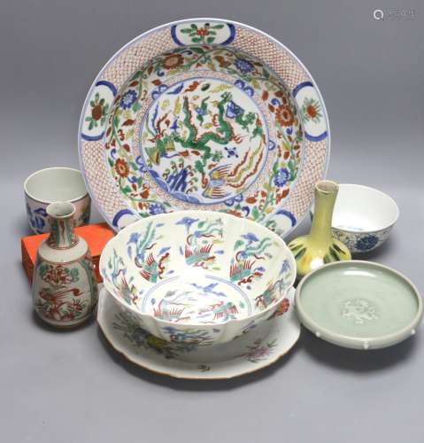 A group of Chinese polychrome porcelain plates, vases, bowls...
