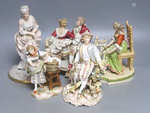 A group of five mixed Continental figures, tallest 22cm