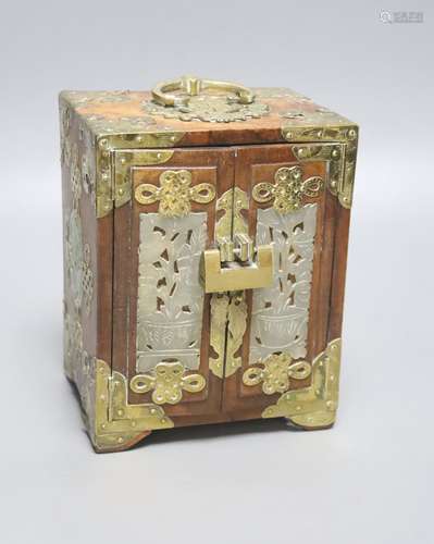 A Chinese chest with carved jade panels and brass mounting, ...