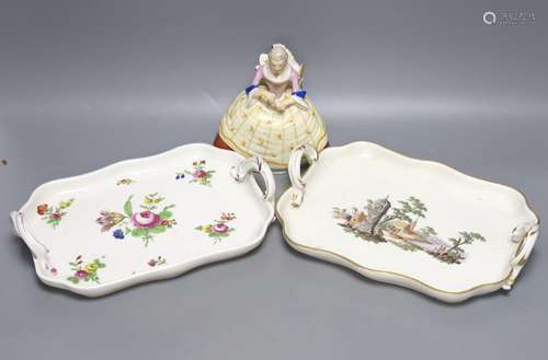 Two 18th century Vienna porcelain trays and a seated figure,...