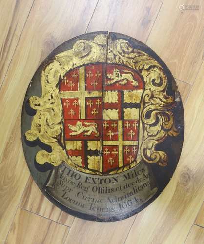 An oval painted wood armorial panel, for Admiral Thomas Exto...