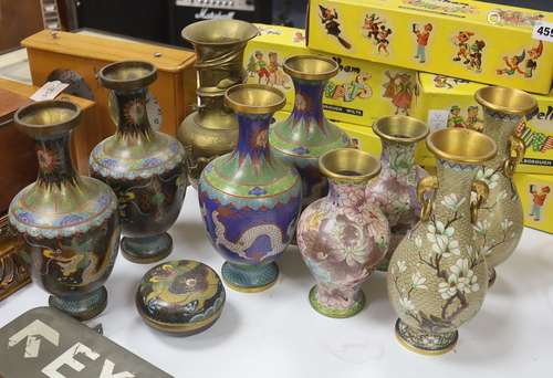 A collection of cloisonne vases, a pot and a bronze vase, ea...