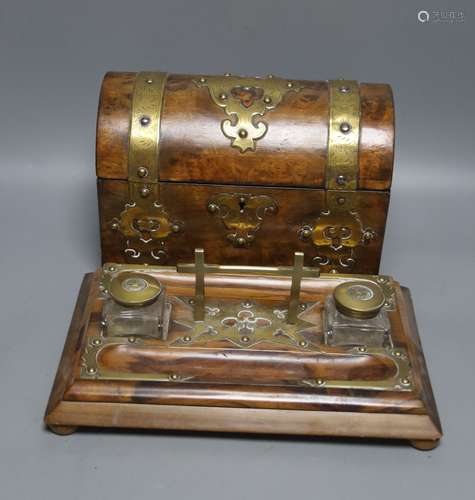 A 19th century domed brass mounted tea caddy, 23 x 18cm and ...