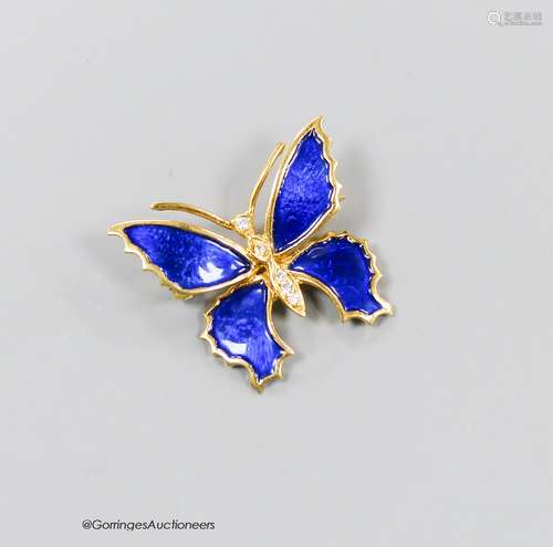 A modern 18ct gold, blue enamel and diamond set butterfly br...