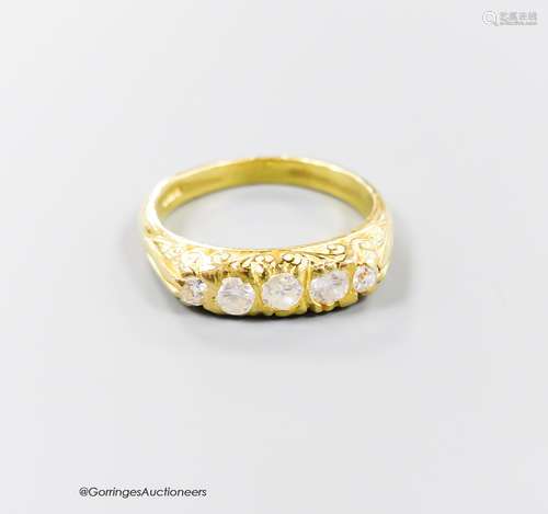 A modern Victorian style 18ct gold and graduated five stone ...