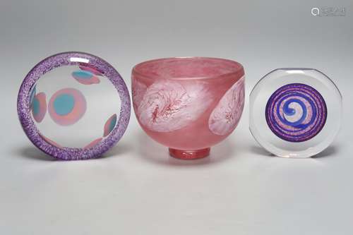 Two Jane Charles art glass disc panels and a pink art glass ...