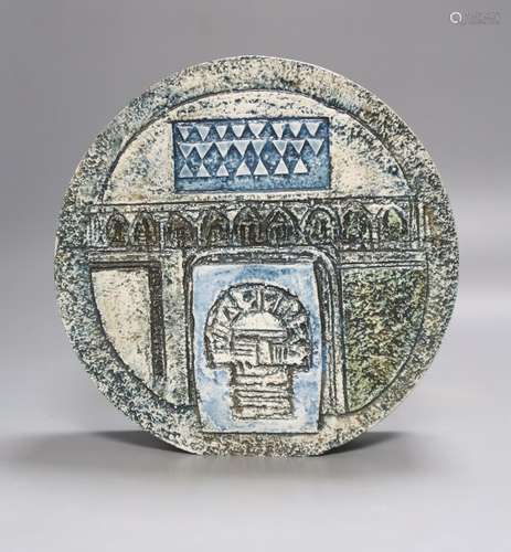 A Troika wheel vase of Aztec design by Linda Taylor, blue-gr...