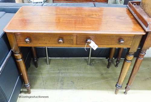 A Victorian mahogany two drawer side table, width 98cm, dept...