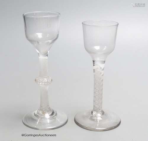 Two Georgian opaque twist stem cordial glasses, each with a ...