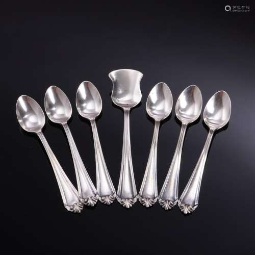 SET OF SIX COFFEE SPOONS AND SUGAR SHELL