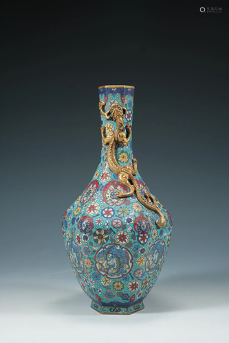 Qing Dynasty - Cloisonne gilt chi dragon bottle