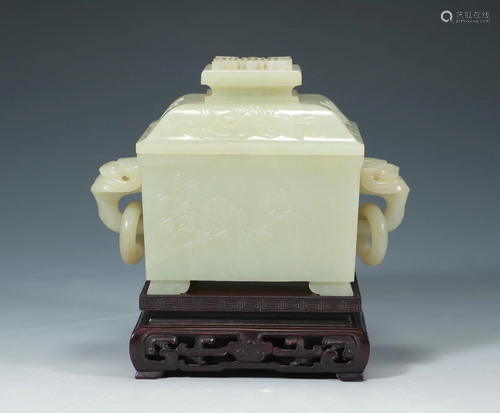 Qing Dynasty - Hetian white jade beast ear furnace