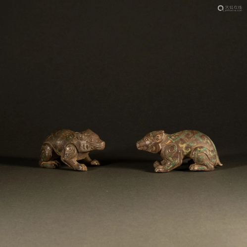 Tang Dynasty - Sterling silver inlaid beasts [a pair]