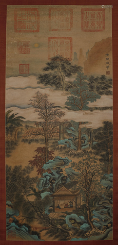 Southern Dynasty - Lu Tanwei figure landscape silk scroll