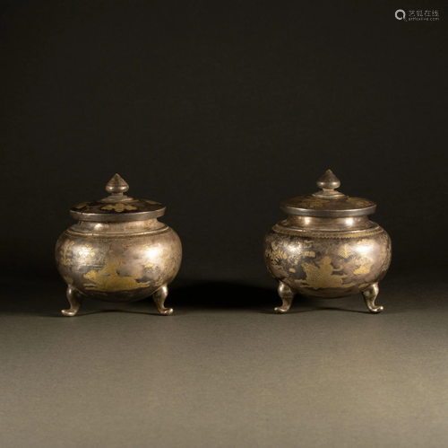 Tang Dynasty - Sterling silver gilt figure pot [a pair]