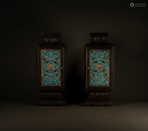 Qing Dynasty - Rosewood inlaid with cloisonne