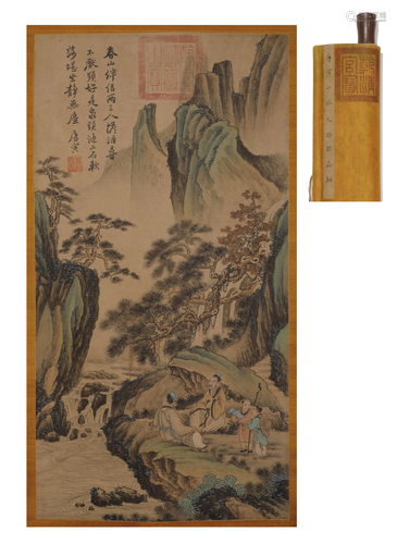 Ming Dynasty - Tang Yin landscape figures on silk axis