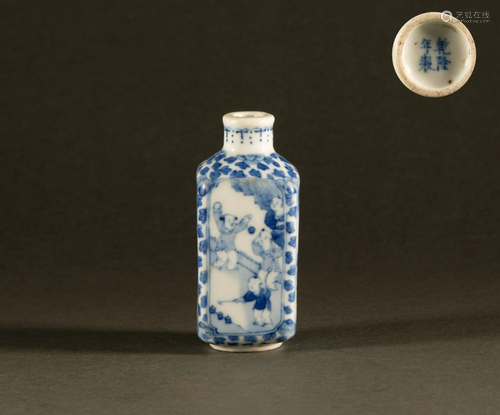 Qing Dynasty - snuff bottle with blue and white figures