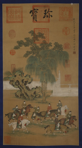 Yuan Dynasty - Ren Ziming polo picture silk scroll