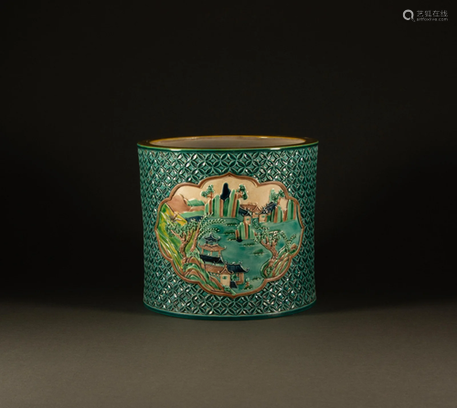 Qing Dynasty - Kaiguang figures pavilion pen holder