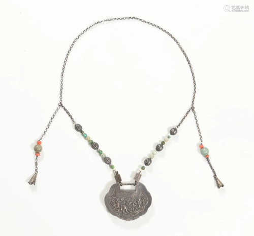 Chinese Silver Lock Necklace with Jadeite and Coral