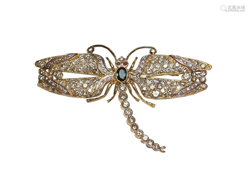 18K Gold, Diamond, Sapphire, Ruby Dragonfly Brooch