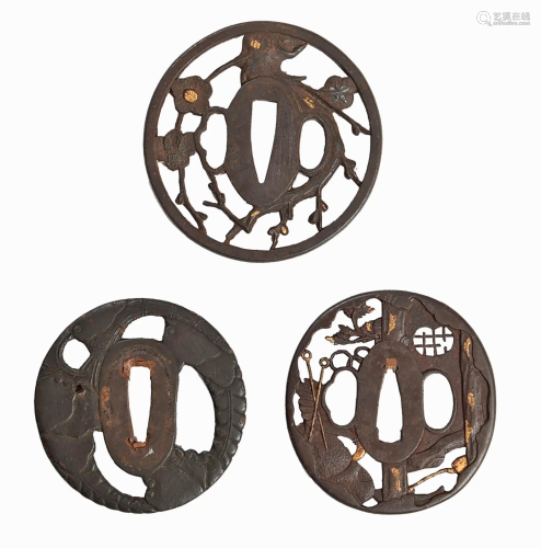 3 Japanese Openwork Iron and Mixed Metal Tsuba