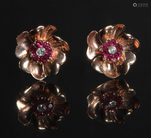 14K Rose Gold Diamond and Pink Sapphire Earrings