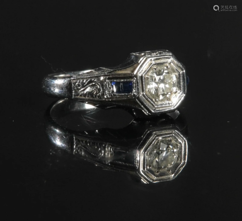 14K WG .6 Carat Diamond and Sapphire Art Deco Ring