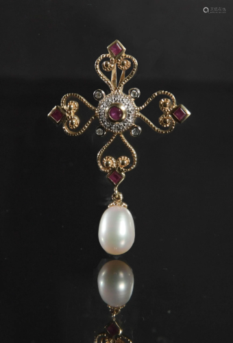 14K Gold Pendant with Diamonds and Rubies