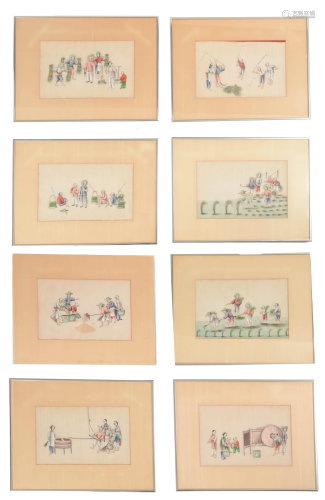 Set of 8 Chinese Pith Paper Paintings, 19th Century