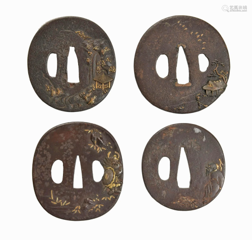 4 Japanese Iron and Mixed Metal Tsuba with Landscapes
