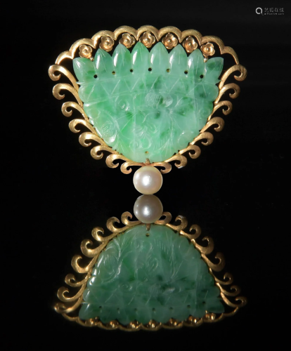 14K Gold Jadeite and Pearl Brooch