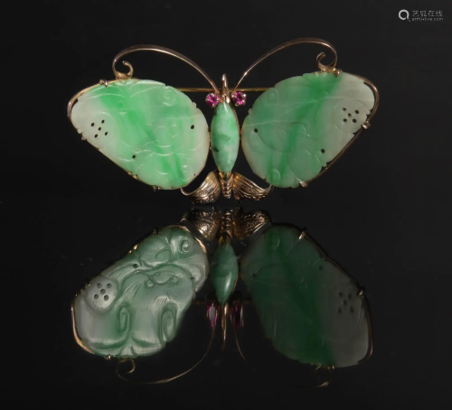 14K Gold and Jade Butterfly Brooch, Sapphire Eyes